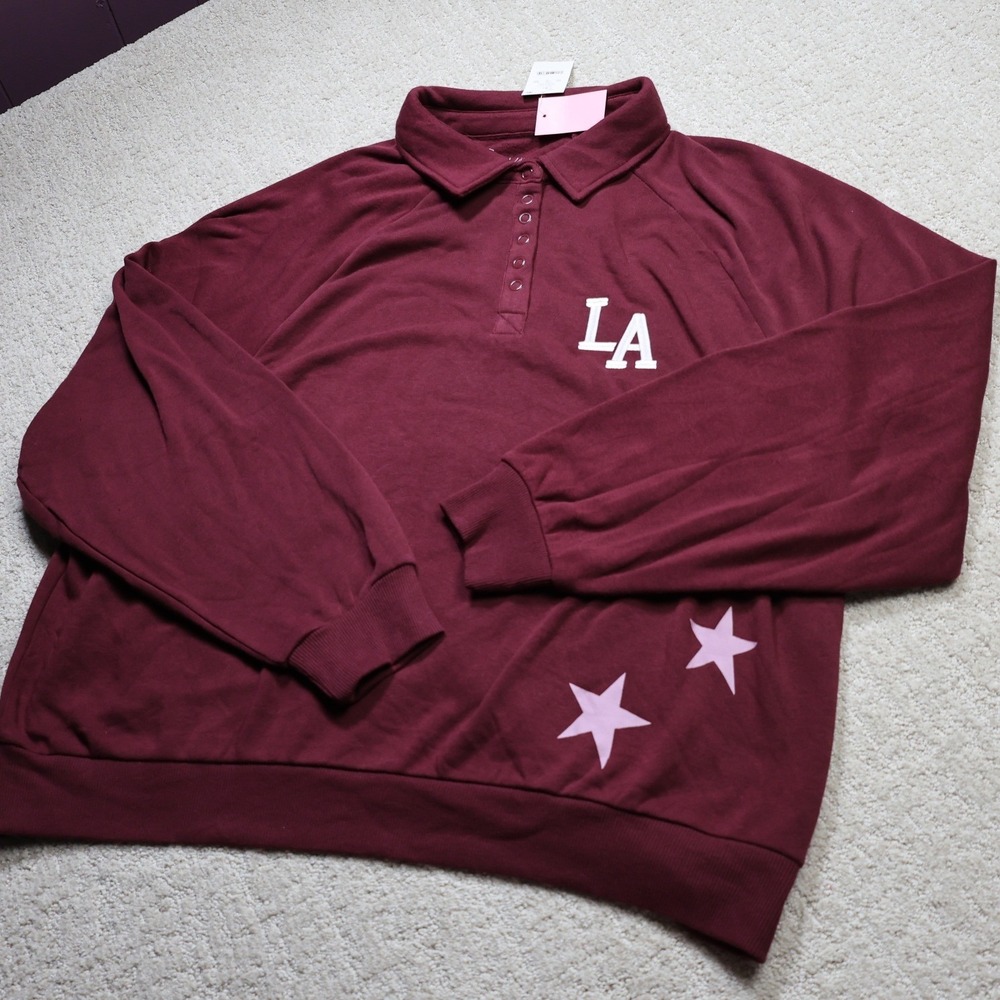 Zoe + Liv Womens Los Angeles 98 Polo Sweatshirt Tawny Port Burgundy XL NWT